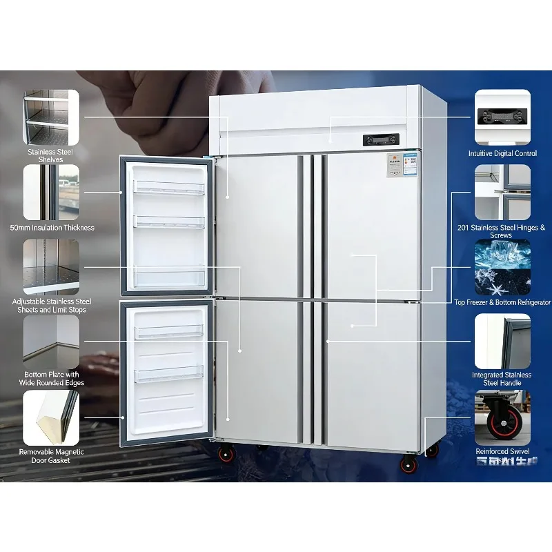 Commercial Stainless Steel Upright Freezer Double Temperature 4/6 Door Refrigerator for Hotel Kitchen