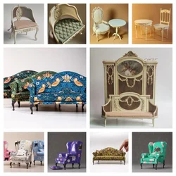 Doll House Cat Rabbit print antique sofa model 1:6 Classic three-person sofa American armchair miniature furniture accessories