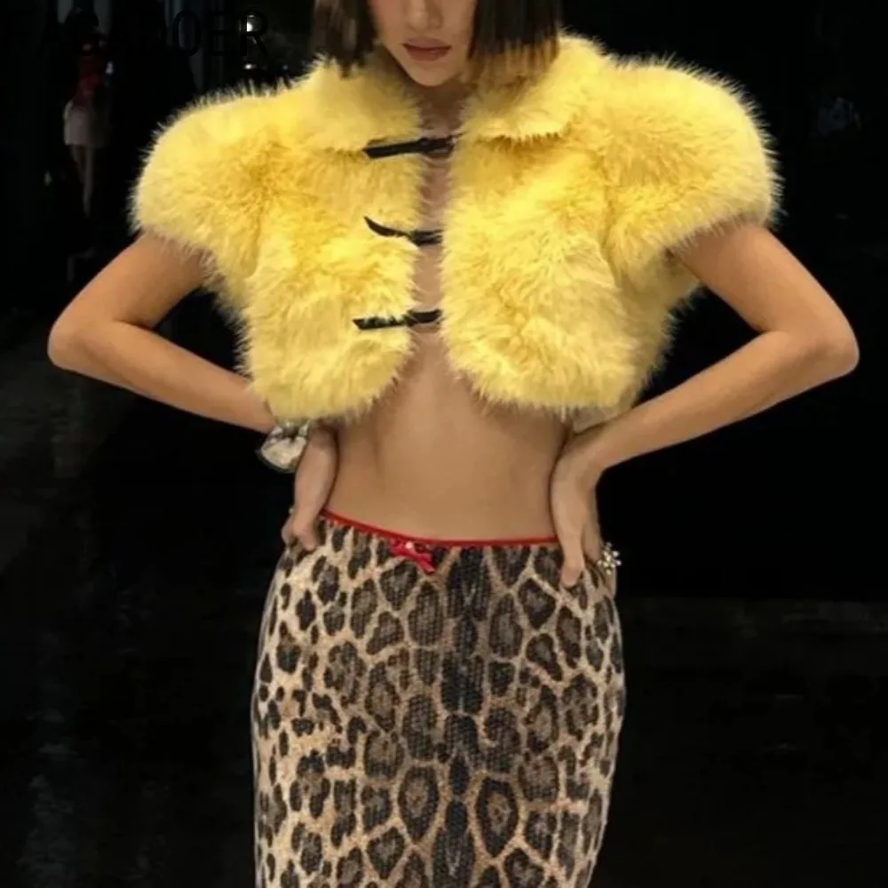 FAGADOER Sexy Fur Patchwork 2 Pieces Set for Woman Outfits Yellow Sleeveless Crop Top and Sequin Skirt Suits Female Streetwear