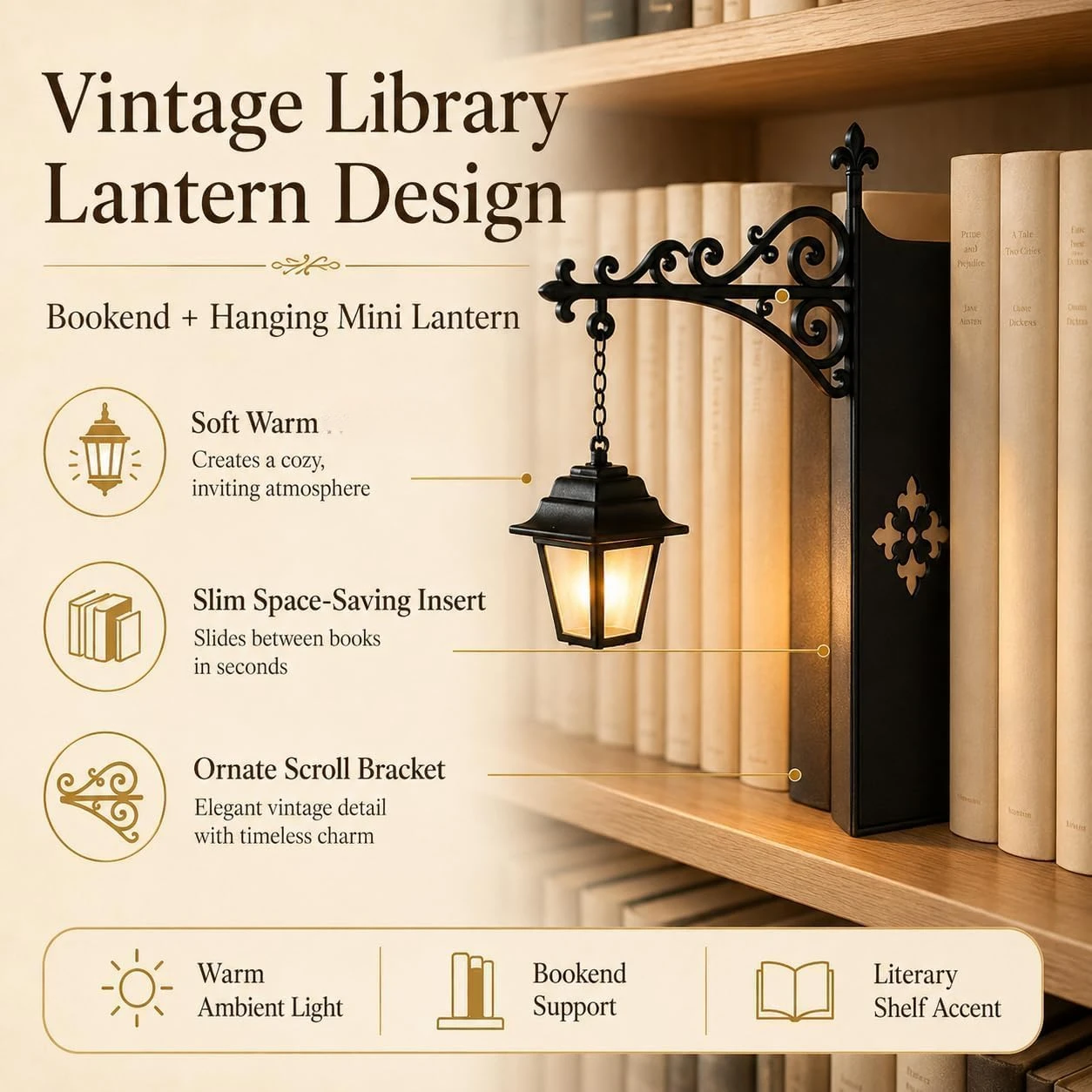 Luminária Vintage para Estante de Livros, Decoração de Estante com Luzes LED, Luzes de Fada em Miniatura, Presente para Amantes de Livros