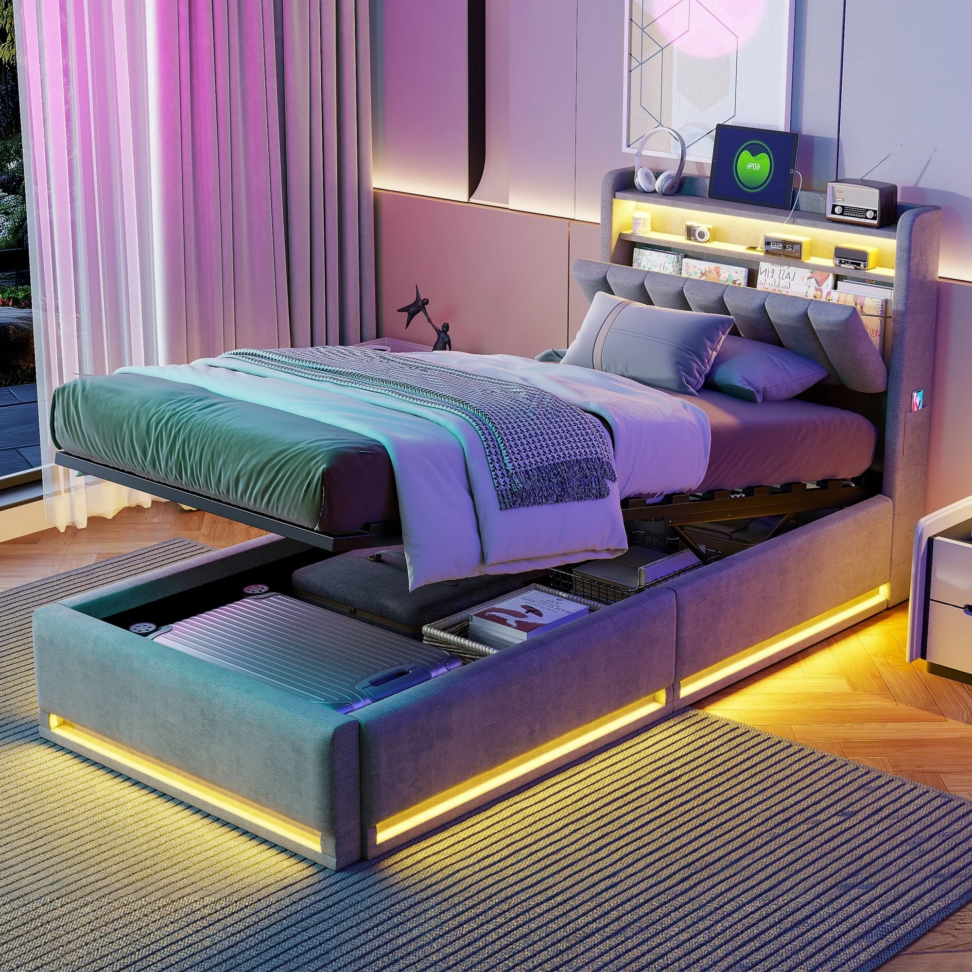 Rosahqnda Polsterbett, 90x200cm, mit LED und USB, offener/geschlossener Stauraum, Einzelbett, Lattenrost, Samt-/Leinenstoff