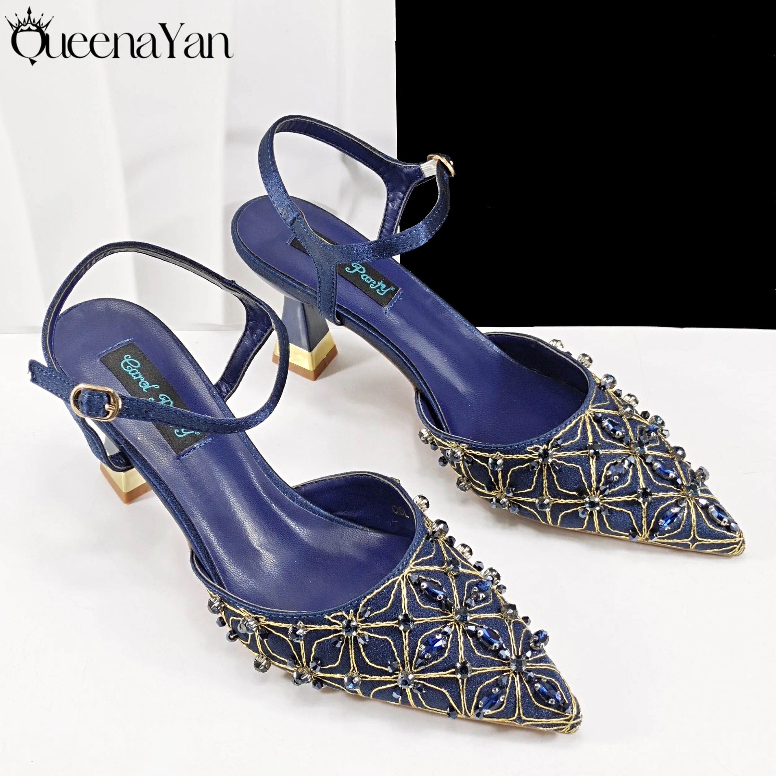 مجموعة أحذية وحقائب QueenaYan أنيقة لامعة وكعب متوسط كحلي مزينة بأحجار الراين الرائعة على شكل ألماس مثالية لحفلات الزفاف #5