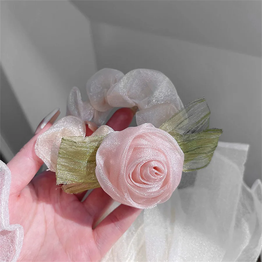 

Rose Flower Yarn Hair Ties Pink Beige Elastic Hair Bands For Women Girls Sweet Hair Rope Fashion Hair Accessories Ins 헤어밴드