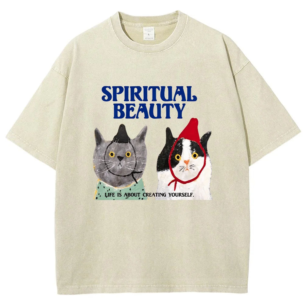 Spiritual Beauty Cat Print Short Sleeve T-shirt Vintage Wash Slogan Graphic Tee Summer Top Unisex Streetwear Fashion Casual