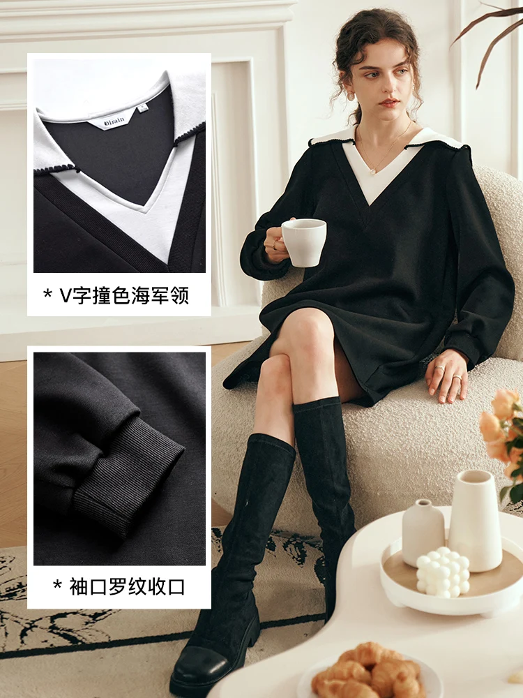 OLrain Sailor Collar Woman Dresses 2025 Autumn Preppy Style Black A-line Elastic Knit Puff Sleeve Spliced Mini Dress N56QL85505