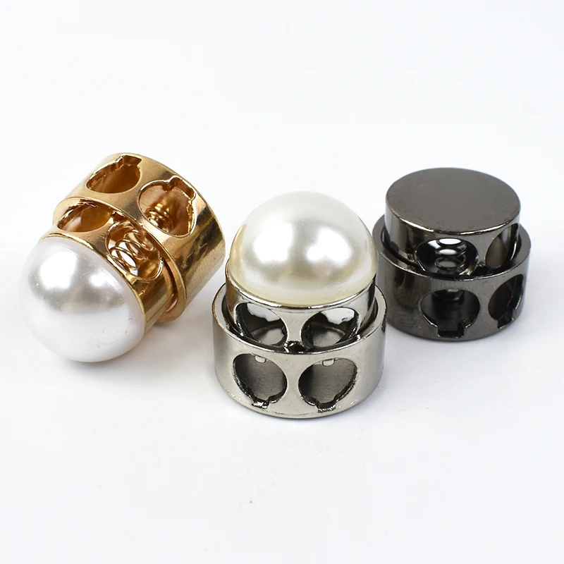 20Pcs Metal Stopper Buckles Pearl Double Hole Spring Snap Button for Shoelace Cord Lock Hat Rope End Elastic Adjust Decor Buckle