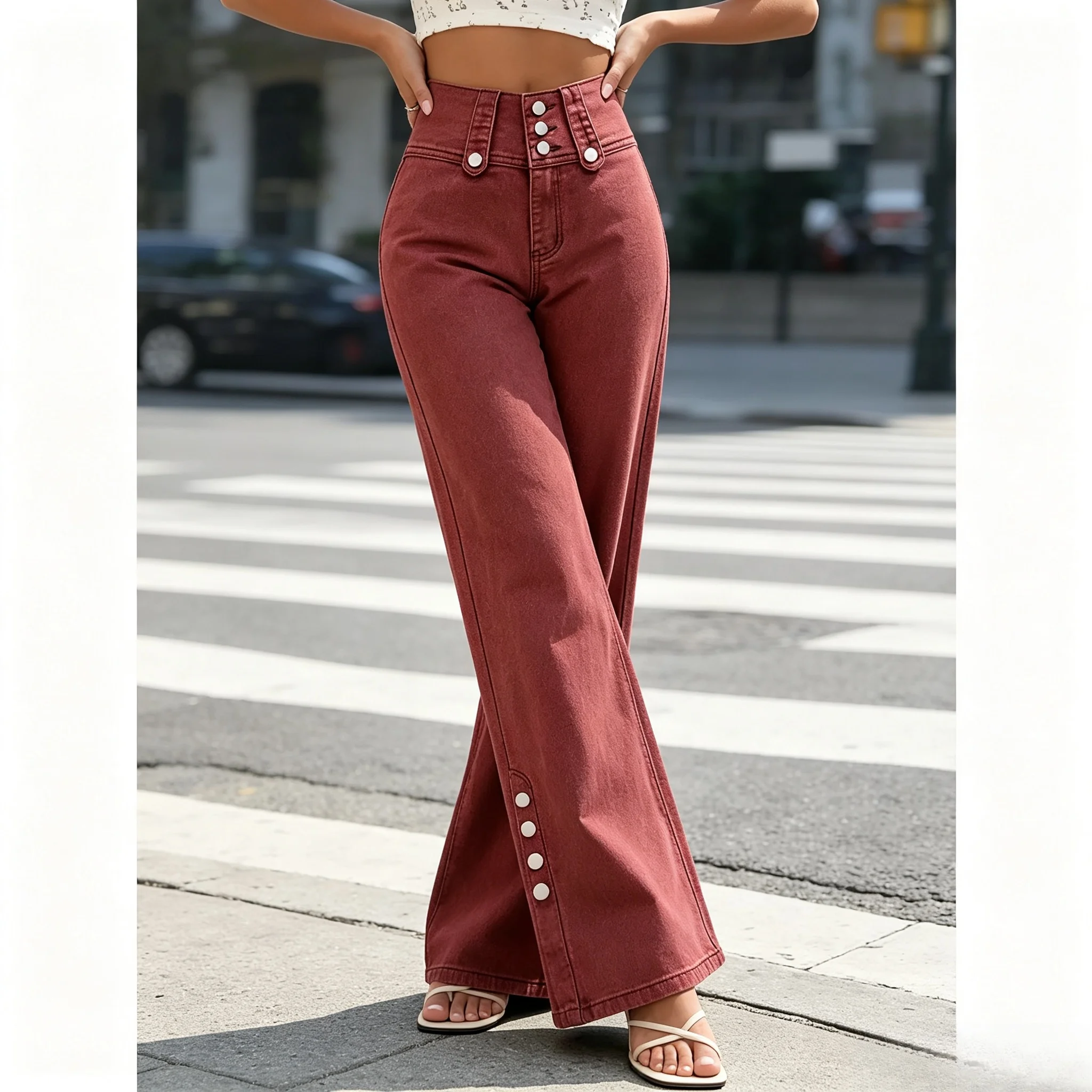 European wind ladies high-waisted jeans, rouge single-breasted straight ladies fashion Joker four seasons multi-buckle style.