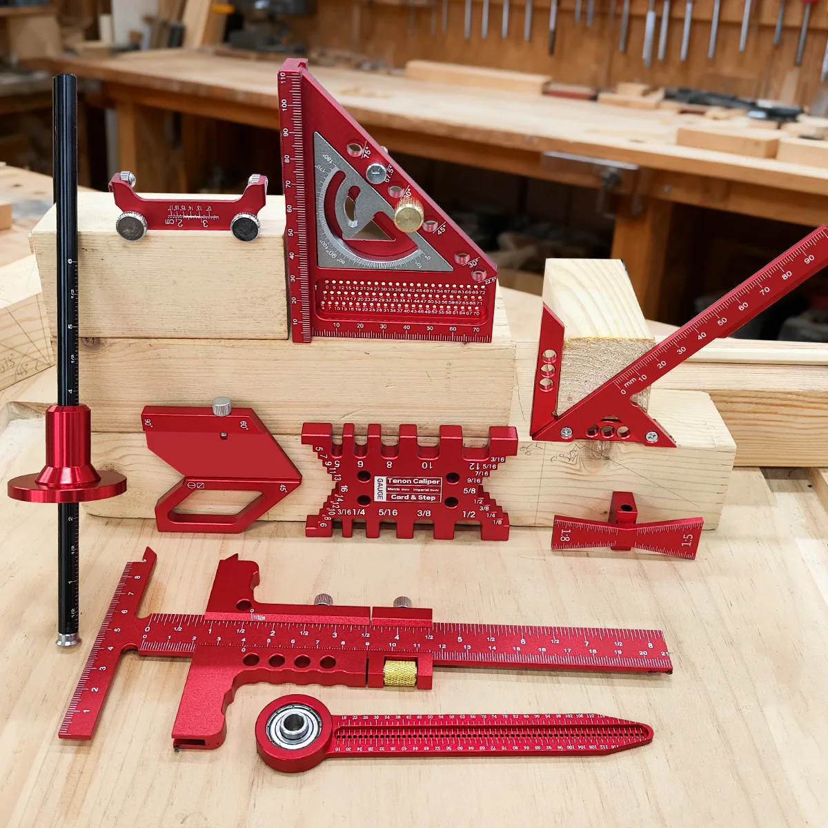 10pcs Woodworking Square Kit with Box, Aluminum Scribeing Ruler,Center Finder,Circular Drawing Compass,Honing Guide,Height Gauge