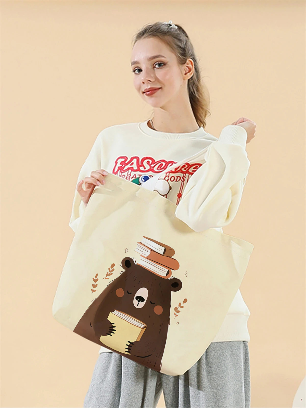 

1pc,cartoon teddy bear pattern handbag, reusable fashionable handbag, multifunctional handbag, printed canvas shopping bag