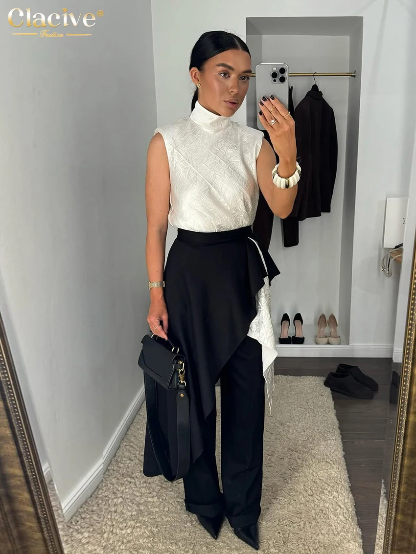 Clacive Sexy Loose Beige Women's Top 2026 Summer Bow Collar Sleeveless Tank Top Lady Elegant Classic Lace-Up Tops Female Clothin