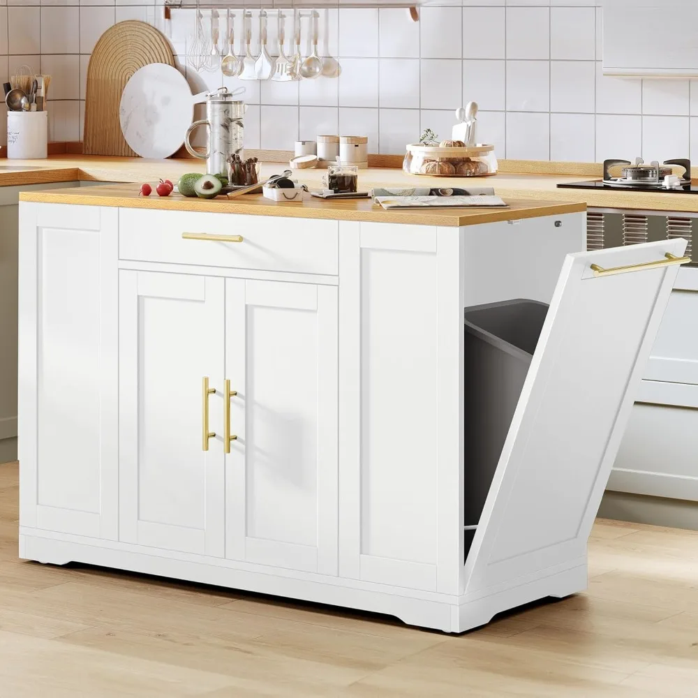 

Large 53 Inch Rolling Kitchen Island with Trash Storage Cabinet, Portable Mobile Table on Wheels