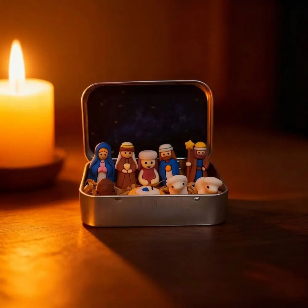 Holy Family Nativity Manger Scene Kit Hand Painted Star Liner Mini Christmas Nativity Set Shepherd Animal Cartoon