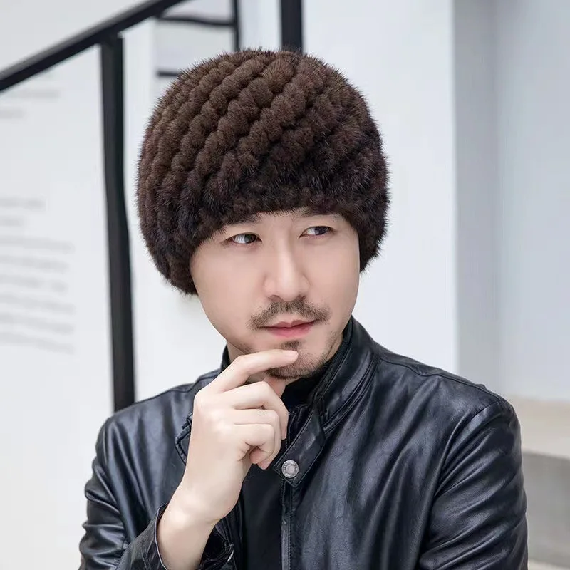 Men's Real Mink Fur Beanie Black Winter Hat