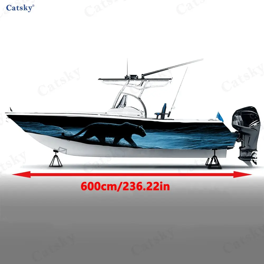 Midnight Blue Wave Black Panther Boat Stickers, PVC Waterproof Vinyl Wrap Decals for Fishing Boats, Durable and Stylish Design