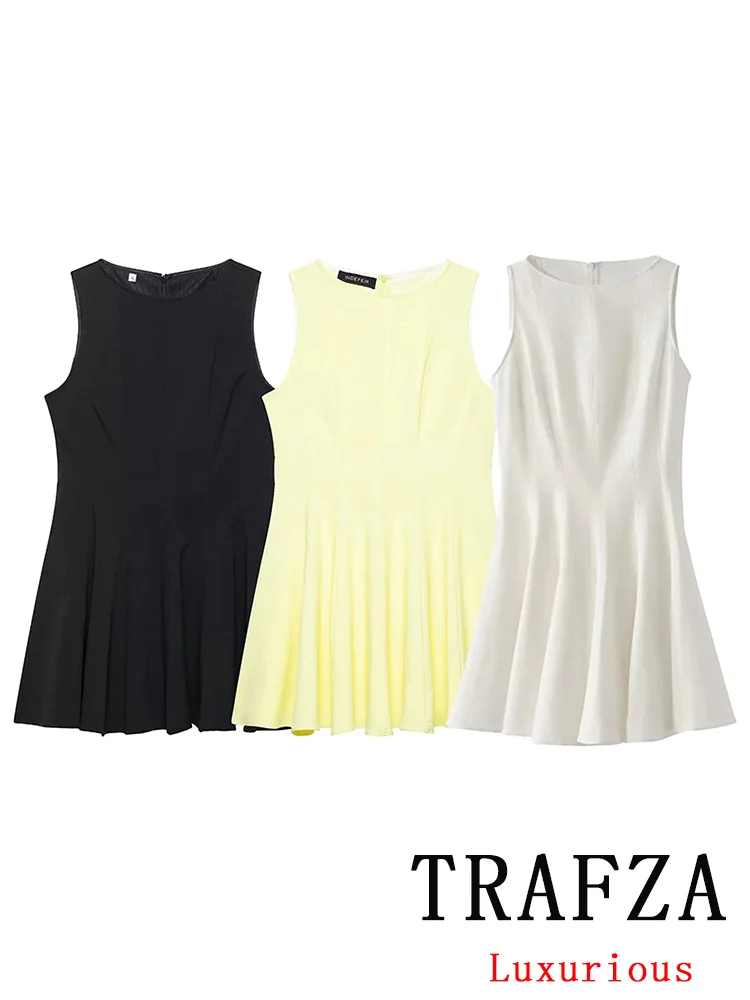 

TRAFZA Casual Chic Women Solid Dress O-Neck Sleeveless Draped Zipper Short Vestidos New Fashion 2025 Summer Holiday Folds Dress