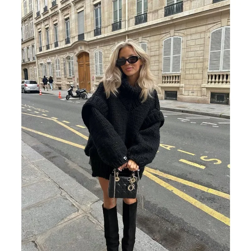 Women's Solid Color Knitted Sweater 2023 Autumn Winter Pullover Sweater Women's Casual Long Sleeve Turtleneck Loose Sweater Top 3