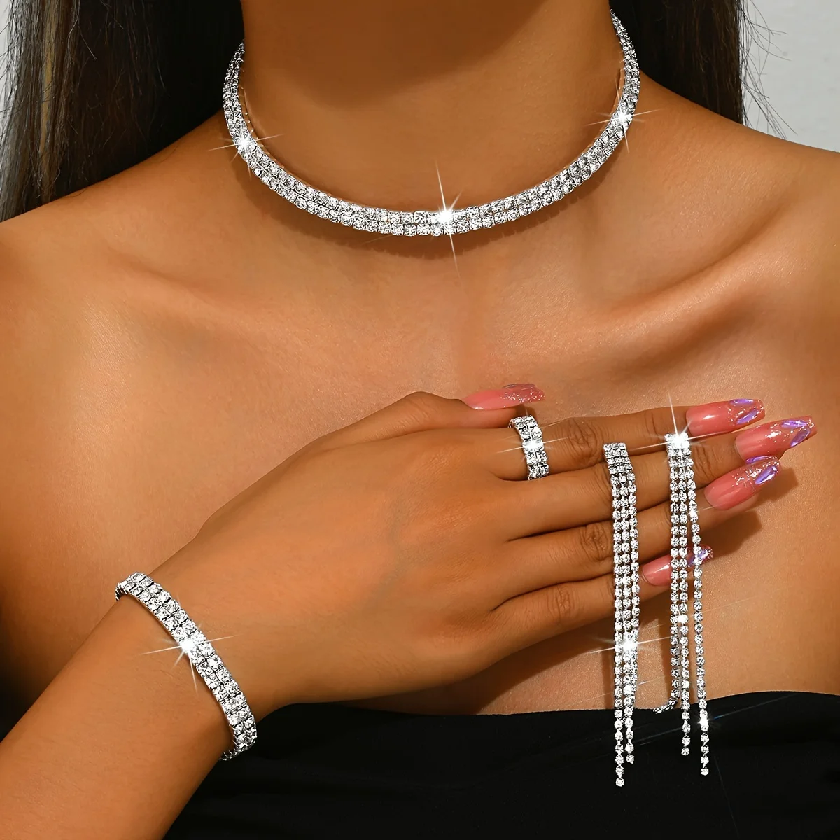 Women's Luxurious Rhinestone Jewelry Set, Choker, Earrings, Bracelet & Ring