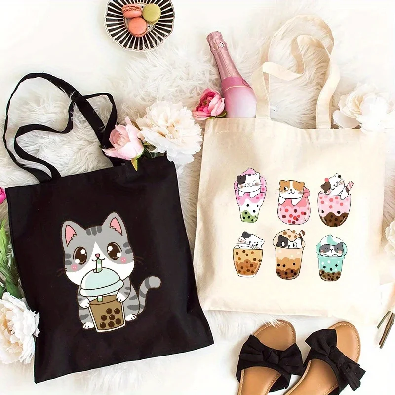 

Kawaii Cat Milk Tea Printed Canvas Tote Bag for Women Reusable Shoulder Bag, White Machine Washable, Perfect for Everyday Use