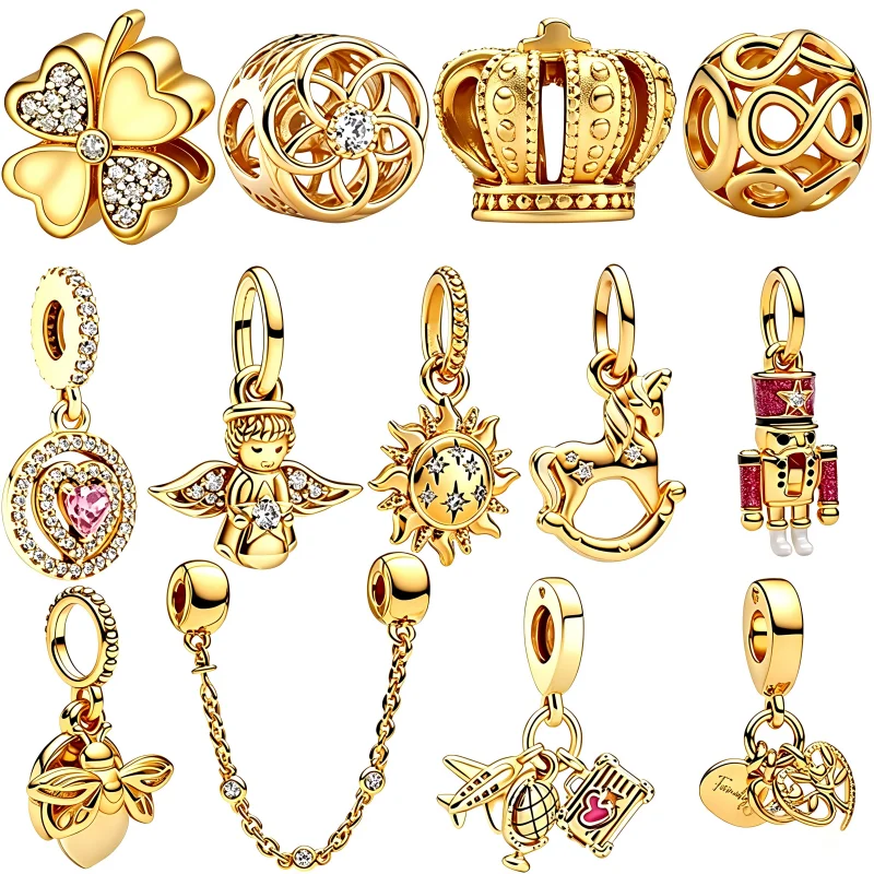 

Hot Item Gold Sparkling Lucky Four-Leaf Clover Animal Multi-type Charm Bead Pendant Security Chain Compatible Original Bracelet