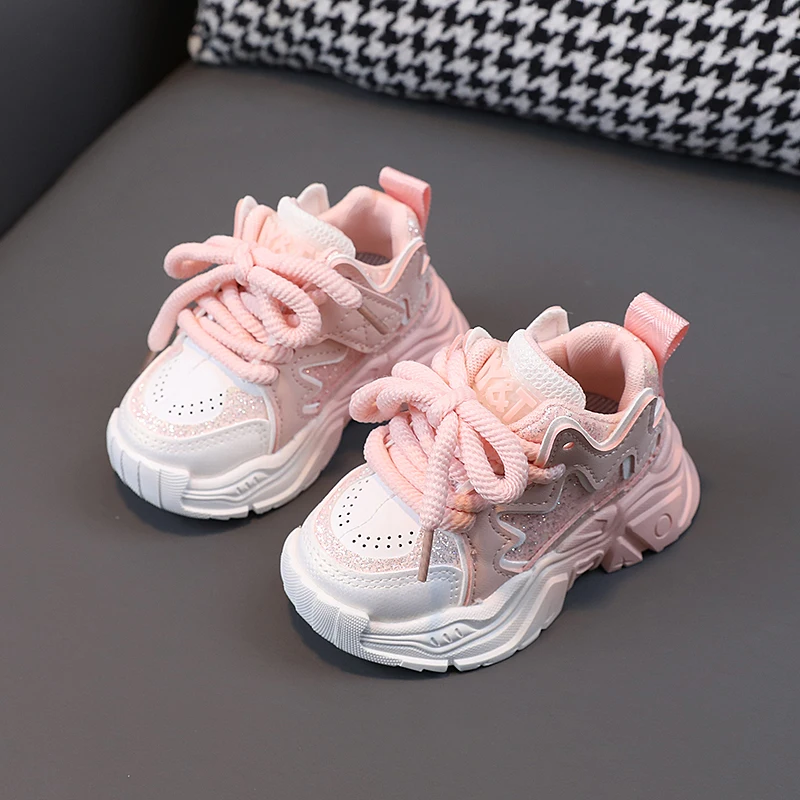 Fashion Children Sequins Pink Chunky Sneakers Toddler Girls TPR Casual Sport Shoes Platform Shoes Kids Tennis 3-6Y Autumn Spring