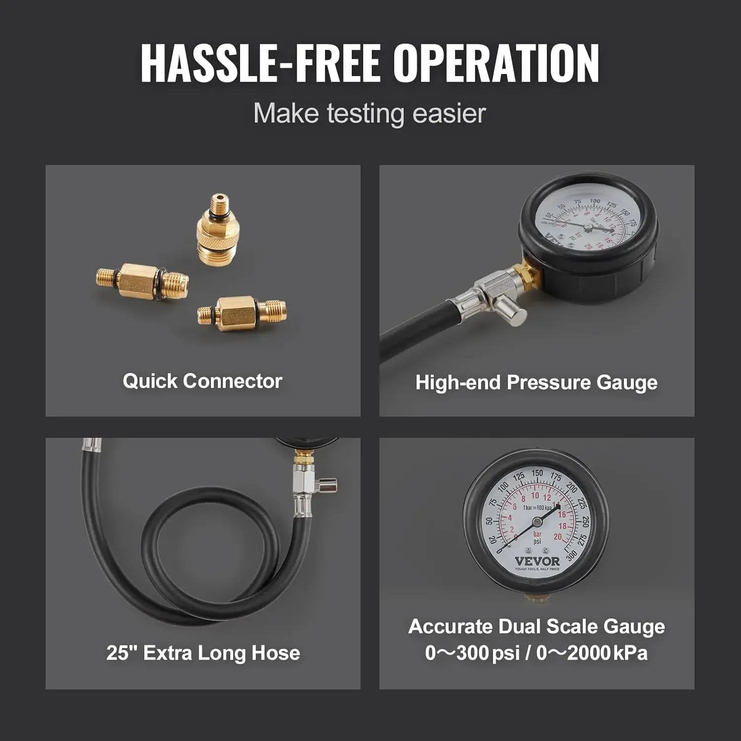 Compression Tester Adapter Kit,9 Pcs Automotive Engine Cylinder Leak Down Compression Test,Accurate Dual Scale Pressure Gauge