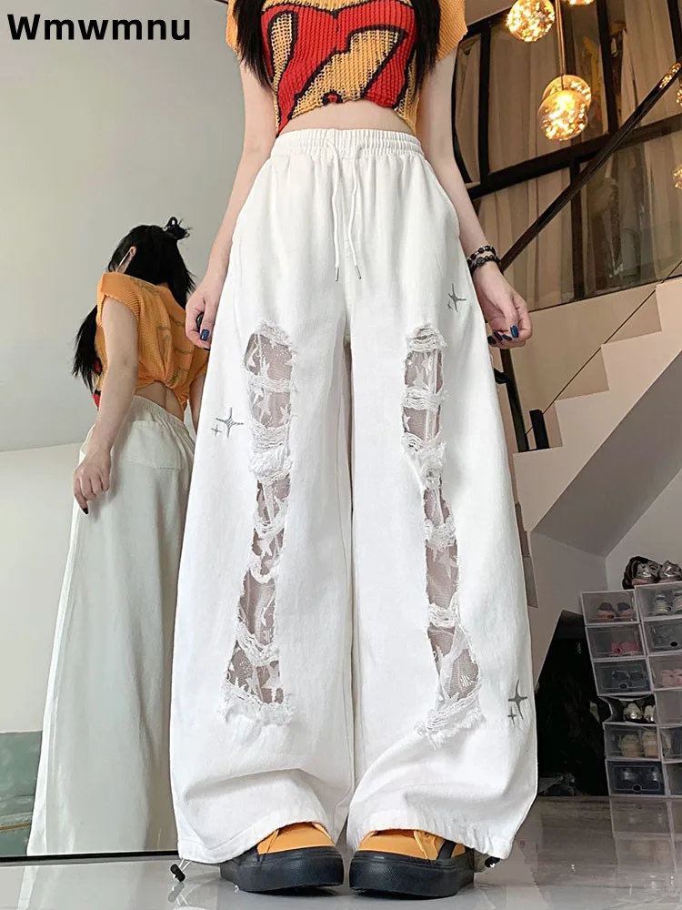 

Уличная одежда, рваные кружевные модные брюки, женские повседневные мешковатые брюки с завязками и высокой талией, широкие прямые брюки