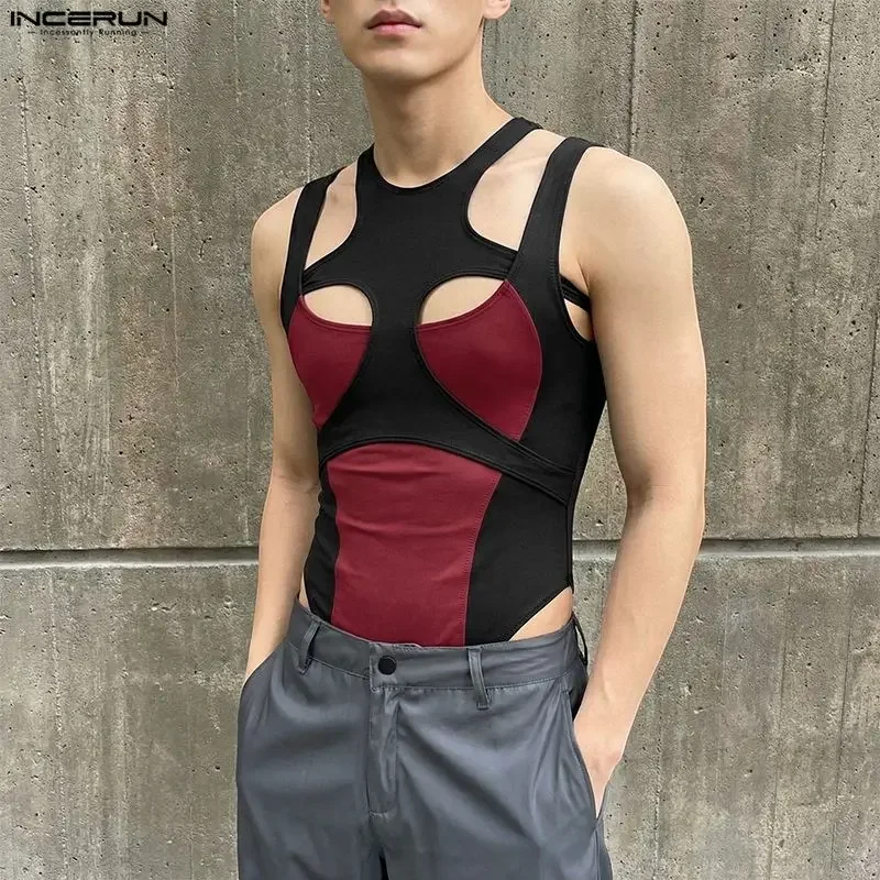 INCERUN Men's Bodysuits Tank Tops Patchwork Color-block Hollow Out Rompers For Man Playsuits Tops Sexy Sleeveless Bodysuit S-3XL