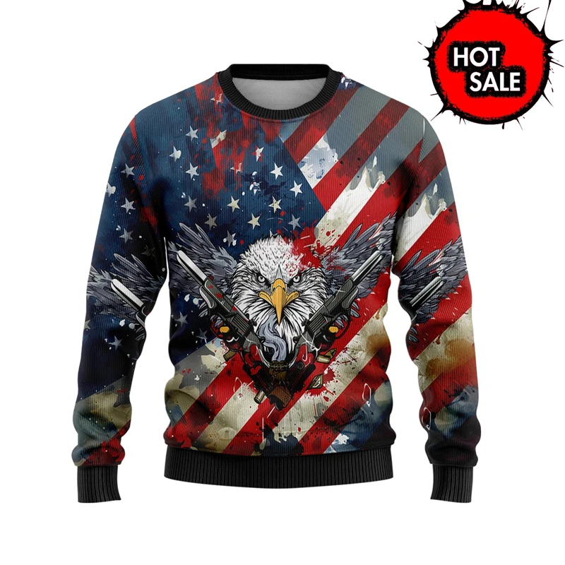 American Flag USA Sweaters Mens Clothes 3D Printed Eagle Hoodies Women Harajuku Fashion Y2k Sweater Vintage Street Sweatshirt