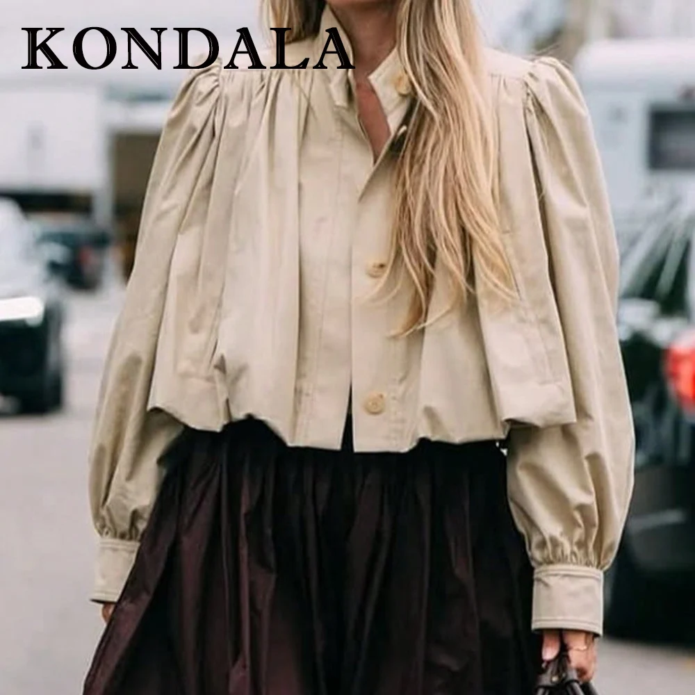 KONDALA Vintage Winter High Neck Streetwear Pleated Women Jacket Fashion 2025 Beige Modern High Street Chic Fall Female Outwear