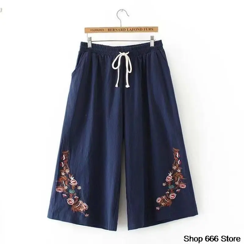 Chinese Traditional Ethnic Style Cotton Linen Wide Leg Pants Summer Retro Embroidered Loose Fitting Women's Straight Leg Pants