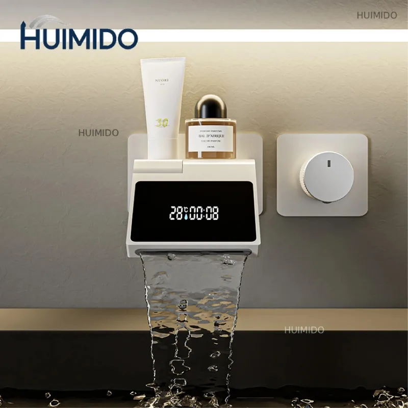 Gun Gray Brass Luxury Bathroom Faucet with Wall Mounted Design, Dual Hole Hot and Cold Water LED Digital Display Basin Mixer
