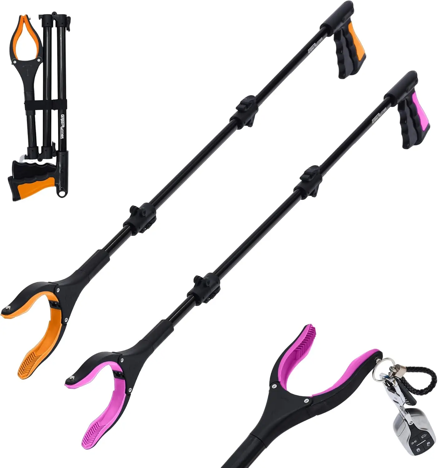 

38" Extra Long Grabber Reacher Tool – 2 Pack Foldable for Seniors, Disabled, Trash Pickup, Ergonomic & Lightweight (Orange Pink)