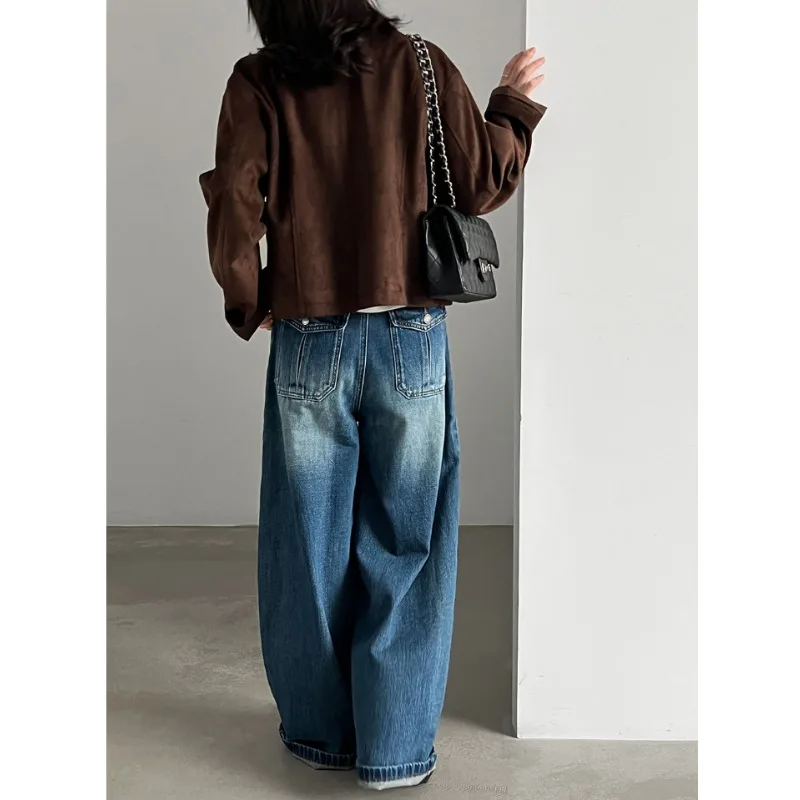 Fashionable Simple Women's Clothing Suede Vintage Lapel Off-the-shoulder Jacket for Women New Autumn Maillard Casual Short Coat.