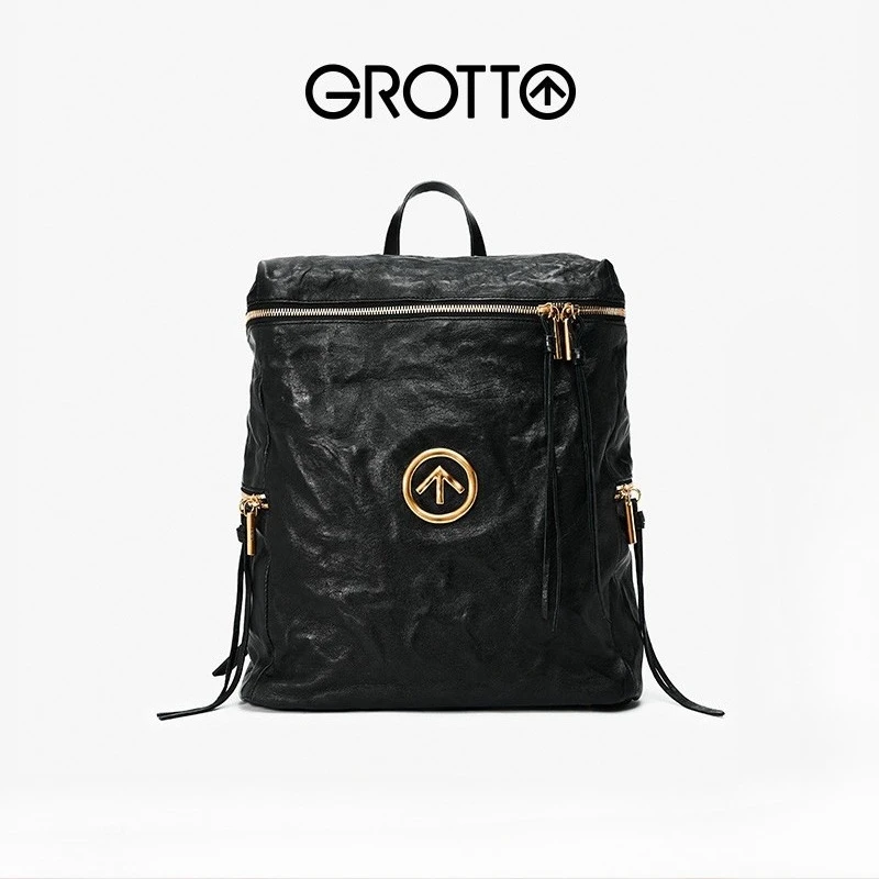 

GROTTO Fashion 2025 Unisex Gender-Neutral Black Stone-Wrinkled Sheepskin Large Soft Leather Backpack Portable Large Capacity Bag