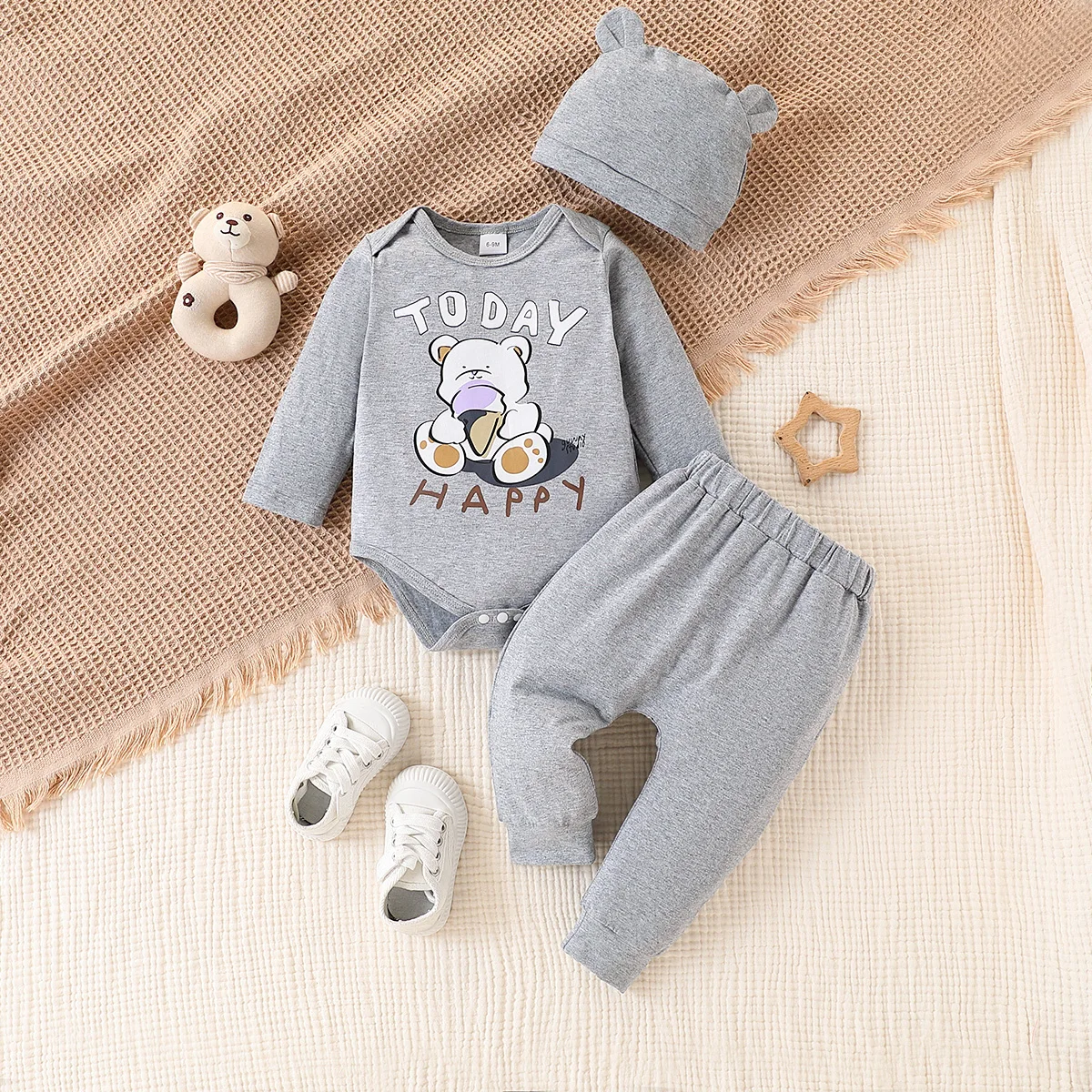 

2-piece baby boy casual cute cartoon bear print round neck long sleeved jumpsuit and pants set (including hat) for spring