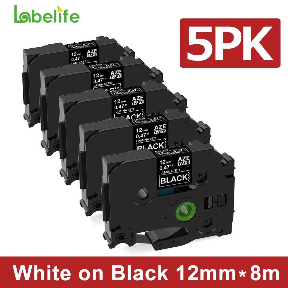 

5PCS White on Black Laminated Label Tape 12mm Waterproof Compatible for Brother P touch Label Maker PTH110 PTD200 PTD600 PTP710B