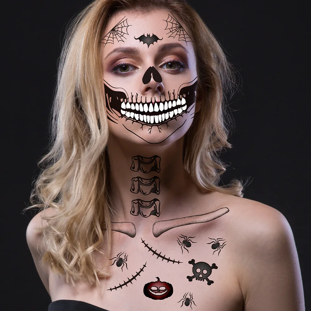 Pegatinas de tatuaje de Boca Grande de calavera para Halloween, Tatuajes Temporales de terror para hombres y mujeres, maquillaje facial