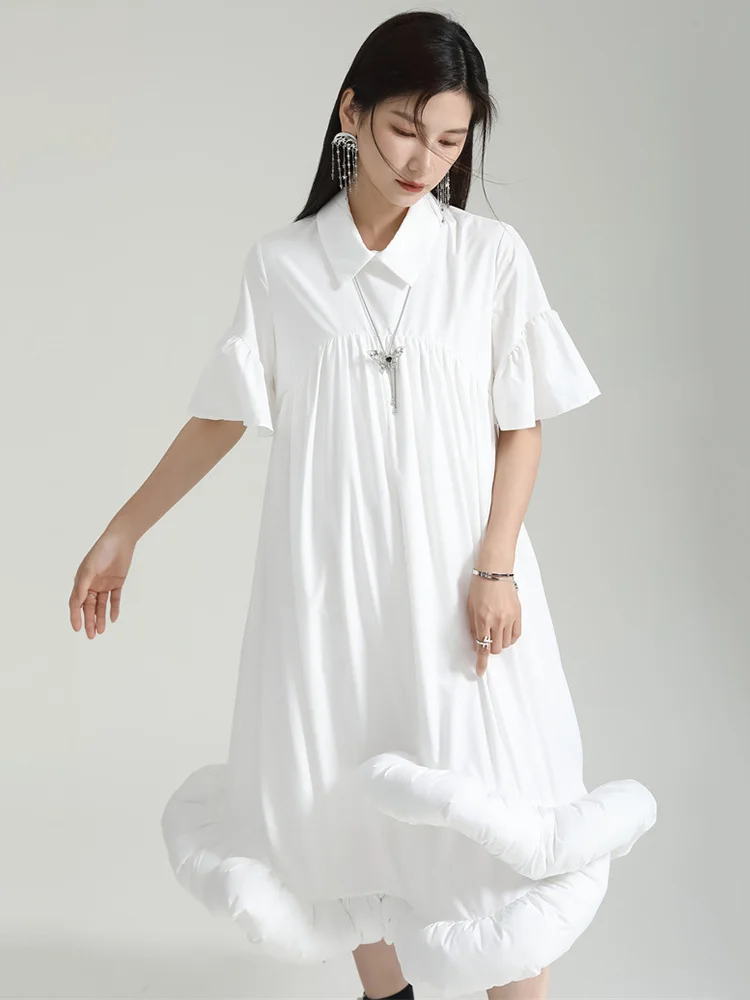 [EAM] Women White Pleated Hem Ruffles Big Size Shirt Dress New Lapel Short Sleeve Loose Fit Fashion Spring Summer 2024 1DF7190