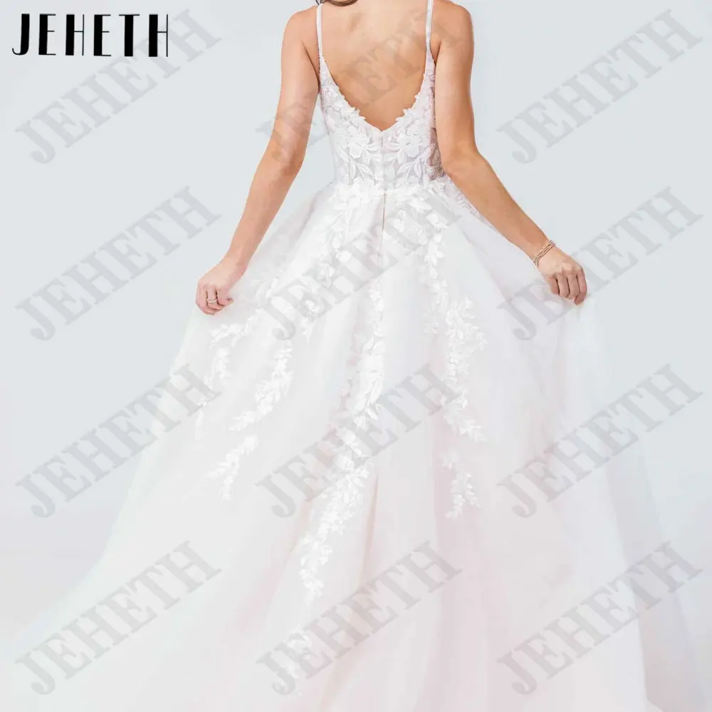 JEHETH Spaghetti Straps V-Neck Wedding Gowns Sleeveless Backless Bride Gowns Appliques A-Line Tulle vestido de novia Custom Made