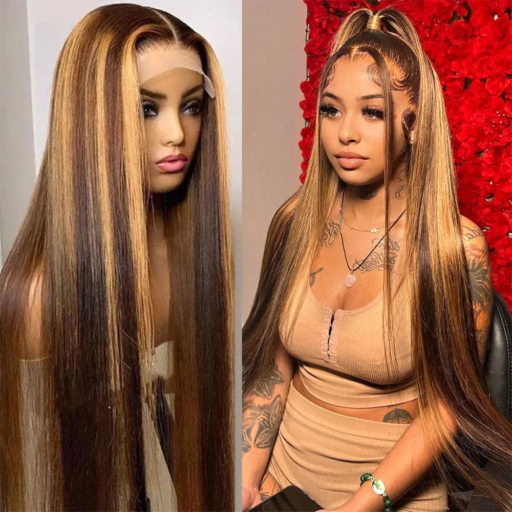 Highlighted Wig Human Hair 4/27 Gradient Honey Blonde Straight Hair 13x4 HD Lace Front Wig Human Hair Pre Plucked Middle Parting