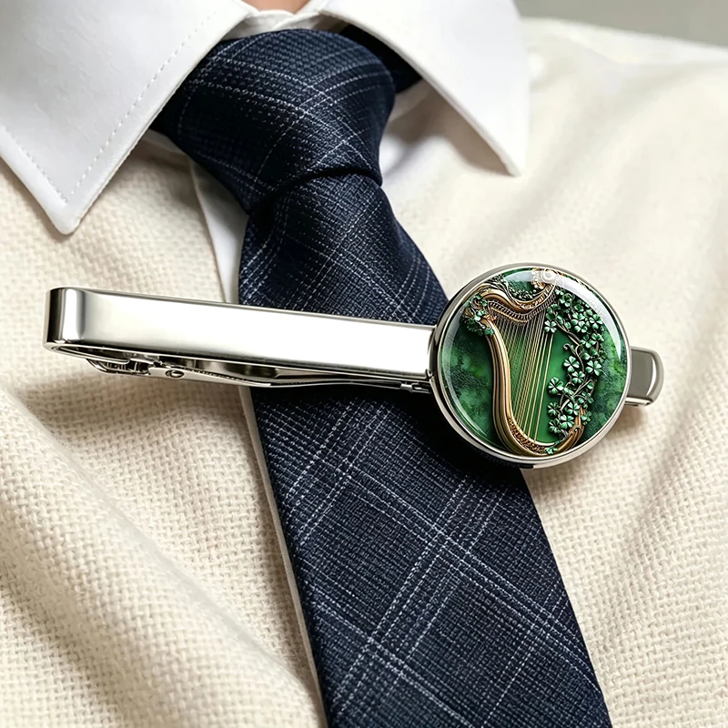 2026 New Vintage Harp Tie Bar Men's High Quality Clip Round Handmade Jewelry Glass Cabochon Accessories