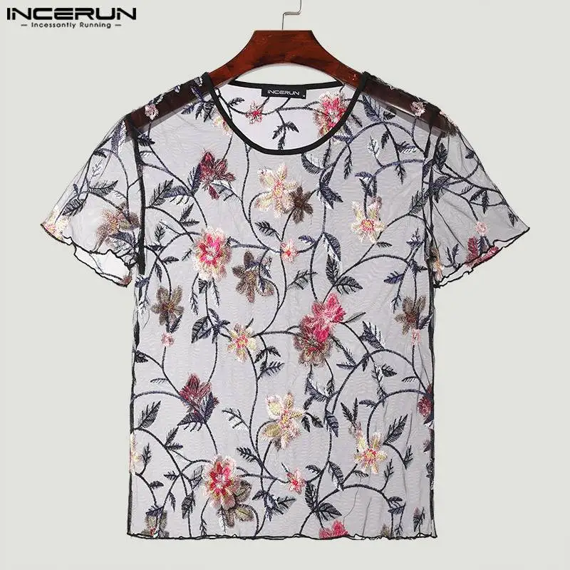 INCERUN Tops 2024 Sexy Fashion Men Perspective Jacquard Embroidery T-shirts Male Casual Thin O-neck Short Sleeved Camiseta S-5XL