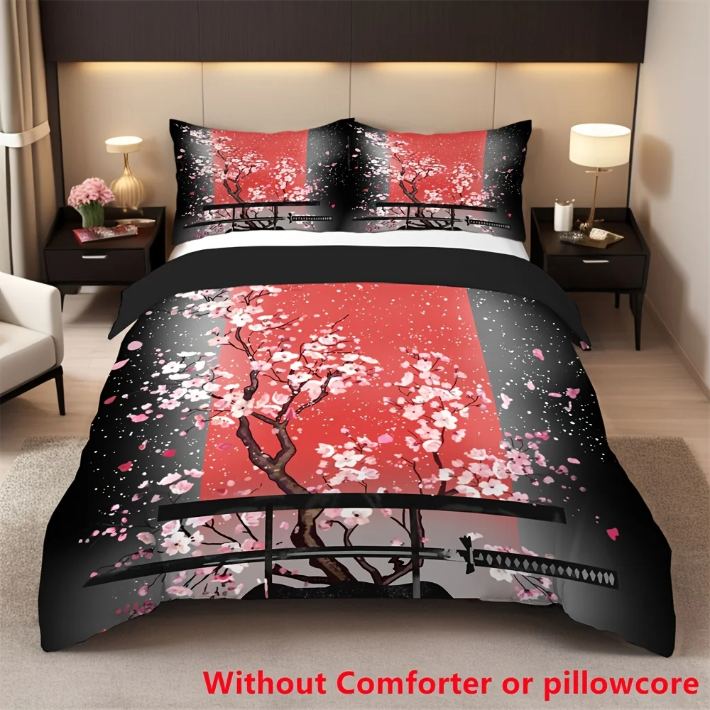 

2/3pcs Japanese Black White Ink Style Samurai Sword Red Sakura 3D Print Duvet Cover Set 1 Duvet Cover 1/ 2 Pillowcase