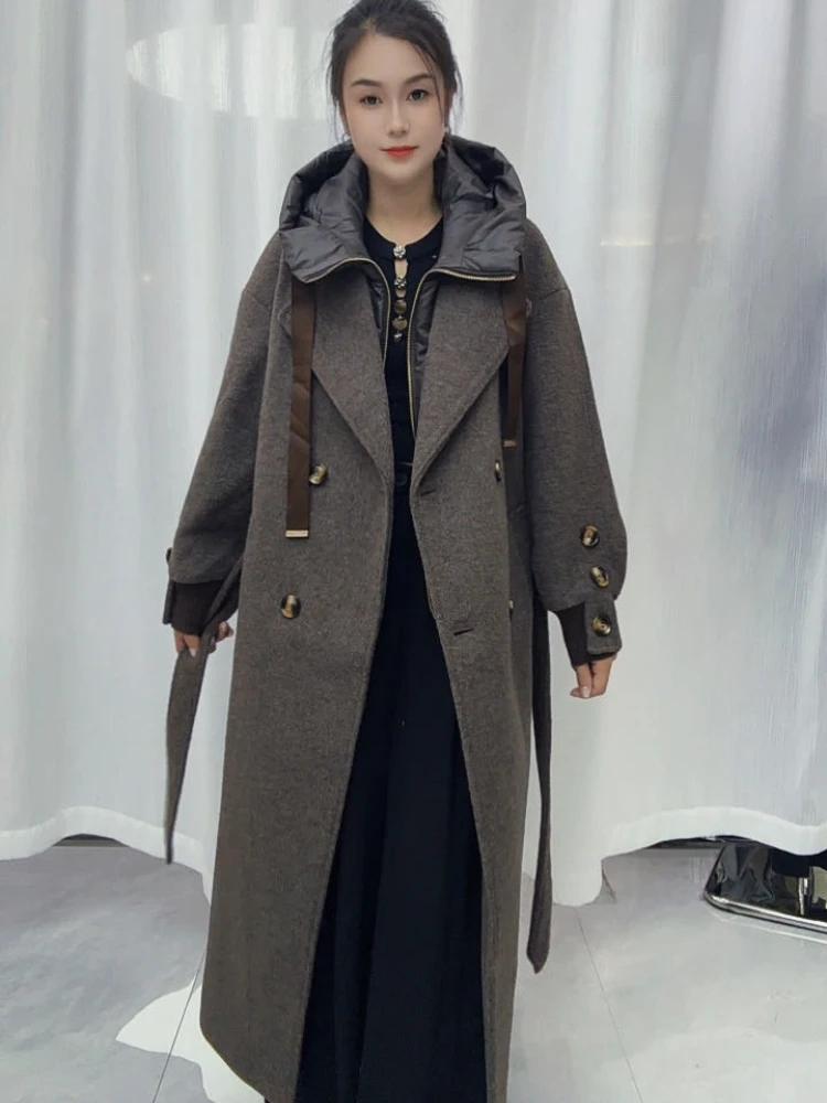 Ladies Outerwear Double Faced Wool Blend Hood Double Breasted Belted Overcoat Warm Minimalist Old Money Style Commuting Winter