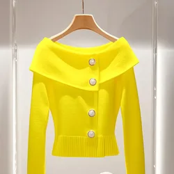 2024 Early Autumn New Unique Lapel Collar Slash Neck Solid Color Temperament Long-sleeved Celebrity Knitted Sweater Pullover