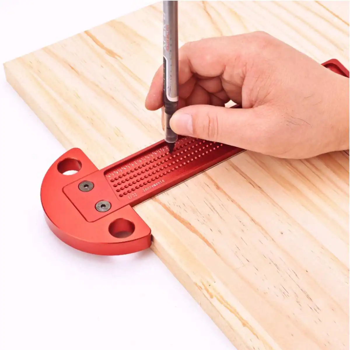 Penggaris aluminium Aloi persegi T, Woodworking selesai 1/32 inci 1MM lubang presisi jarak sudut kanan pengukur