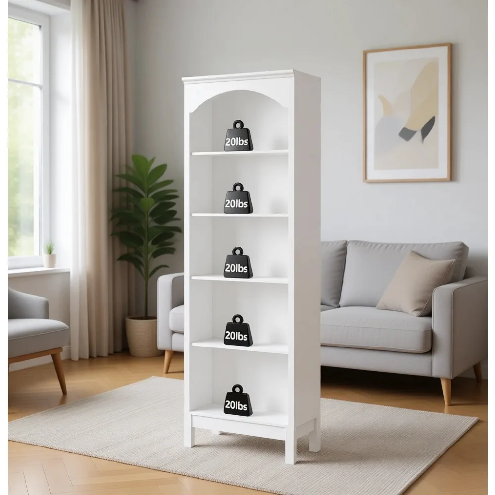 5 Tier Tall Bookcase - Adjustable Shelves for Living Rooms, Home Offices, Storage for Books, Plants, Collectibles