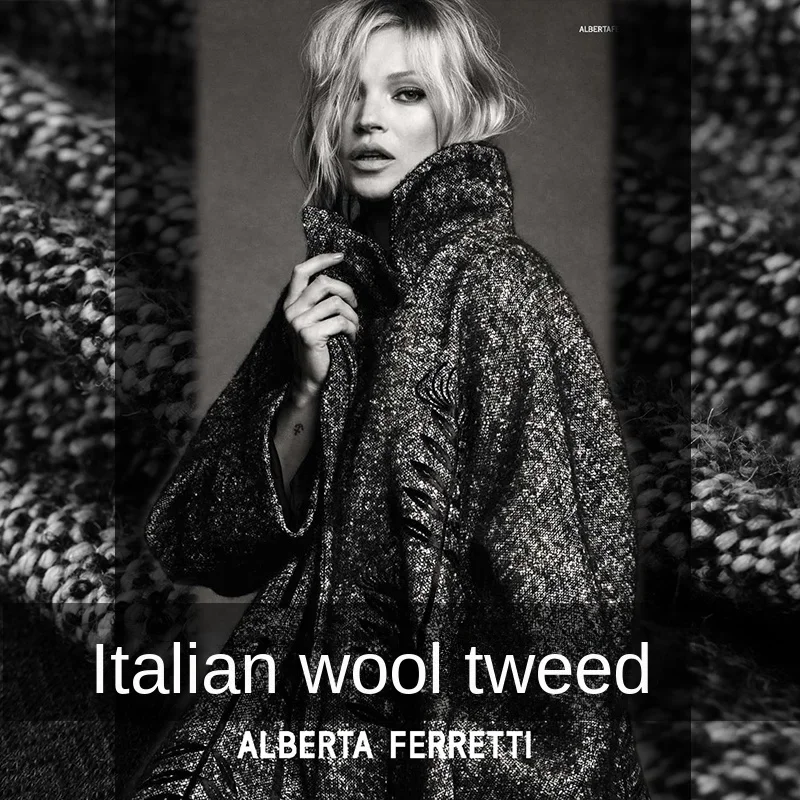 

Wool Fabric Black White Woven Tweed Material Autumn Winter Cape Coat Fabrics Brand Fashion Design Wholesale Cloth by the Meter