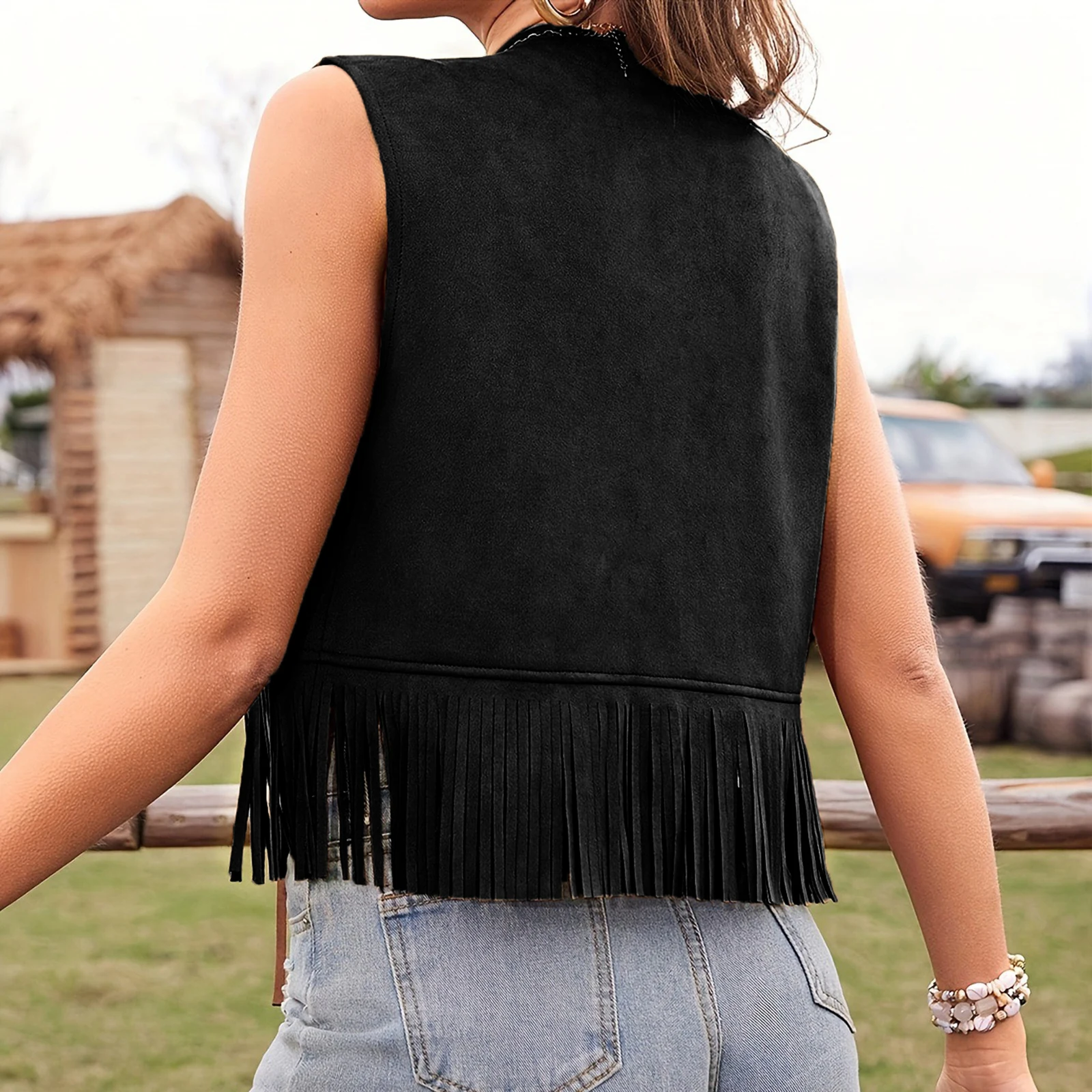 Women Vest, Sleeveless Open Front Tasseled Solid Outwear Gilet for Casual Street