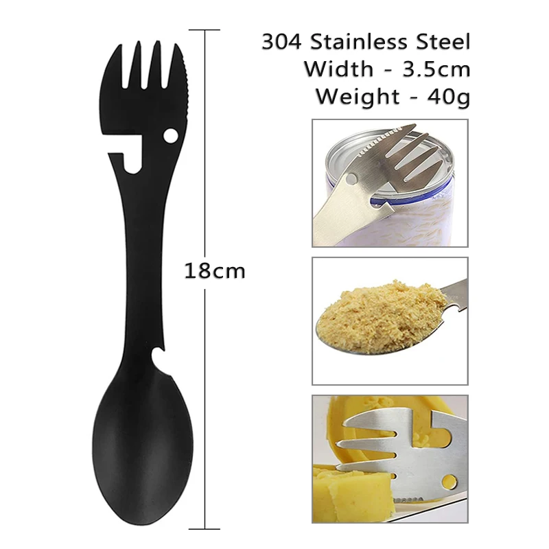 Multi-functional Camping Spork Stainless Steel Spoon Fork Knife Bottle Opener for Outdoor Hiking Survival Supplies